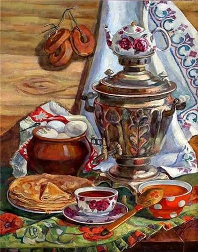Cekog Paint by Numbers Kit for Adults,28x36in DIY Canvas Oil Painting by Number Kit for Kids Adults,with Brushes and Acrylic Paints Painting for Home Decoration Vintage Tea Set Food,70x90cm Framed