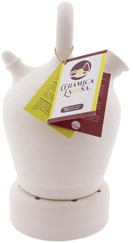 CERÁMICA ESPAÑA | Botijo de barro blanco español | Botijo asa redonda base ancha Modelo A02 | 100% Hecho a mano | 5.5 litros | ECO | Plato Incluido
