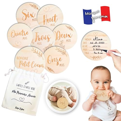 Keep'Love Schrittkarten für Babys aus Holz in Französisch, erstes Jahr Monat im Monat, Geschenk zur Geburt, Souvenir, Geschenkidee für zukünftige Mama, Babyparty, 7 Holzkarten auf beiden Seiten +