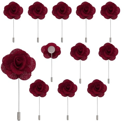 QUARKZMAN 12 Stück Weinrote Camellia Ansteckblumen Knopflöcher Taschenanstecker Pins für Hochzeitszeremonie Jubiläum Abschlussball Formelles Abendessen Party