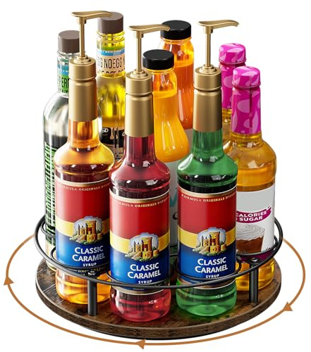 Nuovoware Support Rotatif 9 Bouteilles Sirop Café en Acier Carbone avec Base Bois pour Sirops de Café et Aromatisés Thermos Liquor de Table, Marron+Noir