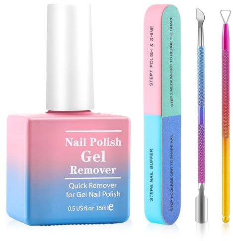 Gel Nail Polish Remover, Professional Gel Polish Remover for Nails Non-Irritating Easily & Quickly Remove Nail Polish, Gel Remover Tools Kit Nail File Cuticle Pusher Nail File Grit