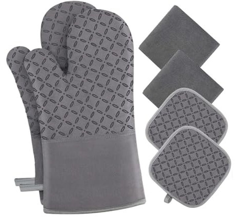 VOSAREA Insulated Gloves Oven Mitts and Pot Holder Non-slip Surface Heatproof Silicone Mitts for Baking and Cooking Heat Resistant Gloves for Grill and Barbecue Includes Protective Mat for