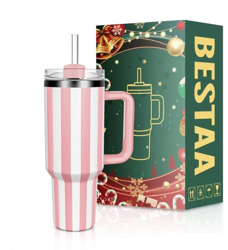 Bestaa 40oz/1180ml Tumbler mit Griff und Stroh, Thermobecher mit Strohhalm und Griff Isolierter Edelstahl Trinkbecher Eiskaffee Reisebecher, Geschenke Sport im Freien (Rosa Streifen)