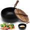 Yuragim Sartén de hierro forjado, cacerola grande, 24 cm, sartén de hierro fundido para inducción con tapa de madera, forjada a mano, antiadherente, sin revestimiento, para cocina, camping, barbacoa