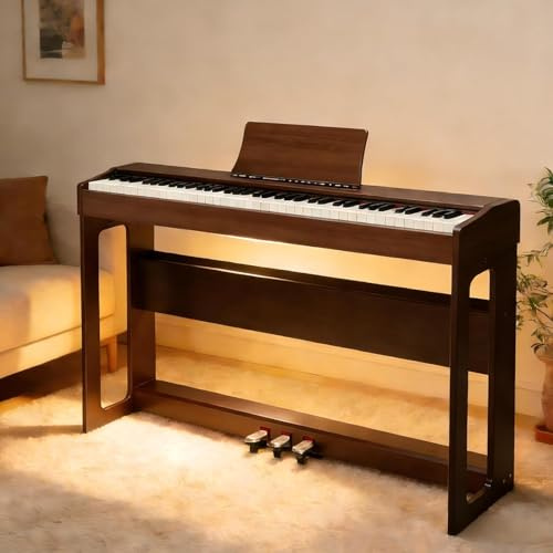 Bonnlo GDP-104 E Piano 88 Tasten, vollgewichtete Tastaturen Digitalpiano mit Klavierständer, Dual Bluetooth, 3-Pedal-System, Kopfhörer – für Anfänger und Fortgeschrittene, Schwarznussbraun