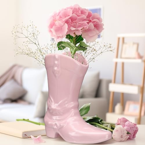 CroBlissful 8.7 Inch Cowgirl Boot Vase for Book Shelf Ceramic Cowboy Decoration Arrangements Nice Western Country Accent Vase Unique Boot Planter for Modern Aesthetic Room Wedding Decor (Pink)