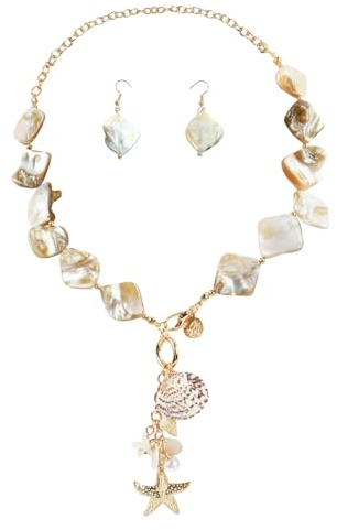 TAXTYHRE Collier de Coquillage, Colliers et Boucles d'Oreilles en Coquillages Naturels, Étoile de Mer, Perles d'eau douce, Bijoux d'été Collier, Ensemble de Bijoux pour Femmes et Filles, Blanc