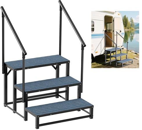 VZNEK RV Steps with 2 Handrail, 3-Step Heavy Duty Non-Slip Outdoor Spa Steps for RV, Camper, Trailer, Mobile Home, Porch, Portable Ladder Stairs (Black, 3 Steps with 2 Handrail)