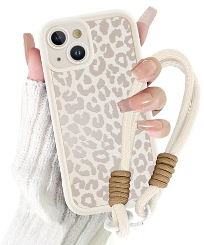Coalbooliy Handyband Handyhülle für iPhone 13 hülle 6,1'' mit Band Kette, Aesthetic Weißer Leopard Sommer Muster Mädchen Design mit Kordel zum Umhängen Cover Universelles Patch Silikon Case, 01