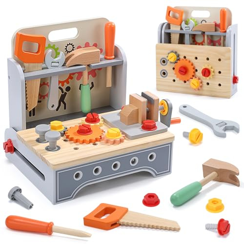 CUTE STONE Kids Wooden Tool Bench, 2-in-1 Toddler Tool Box & Take-Along Tool Kit, Montessori STEM Learning Toy Workbench, Educational Construction Pretend Play Gift for Boys & Girls Ages 3+