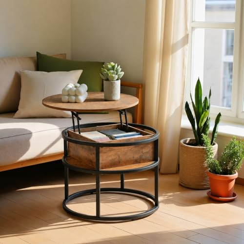 EGGREE Runder Couchtisch 60 cm, höhenverstellbar mit Stauraum, Braun | Spanplatte & Metall, 48–62 cm verstellbar, mit Stauraum – ideal für Sofa, Wohnzimmer und Homeoffice
