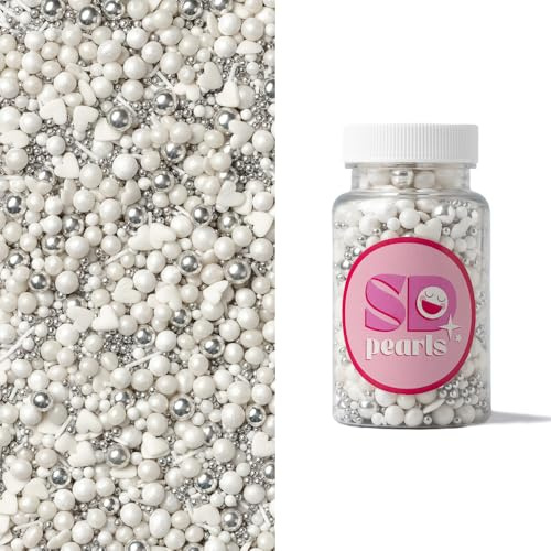 SD Pearls Zuckerherzen für Torte 100g – Mini-Herzen Kuchenstreusel für Cupcakes und Desserts, silberne und weiße Zuckerstreusel als essbare Tortendeko für Kuchen Mix „Brautmoment“
