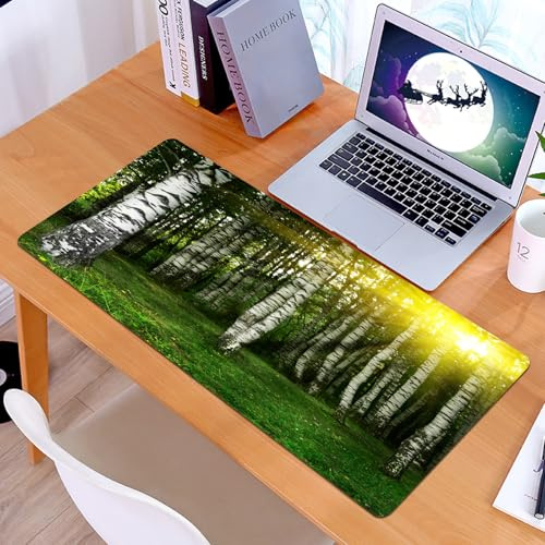 KDWJS Gaming Mauspad XXL 90x40cm Mousepad Groß Vernähte Kanten Anti-Rutsch für PC,Majestätischer Birkenwald Wird von warmem Sonnenschein beleuchtet, NA,Laptop Verbessert Präzision und Geschwindigkeit