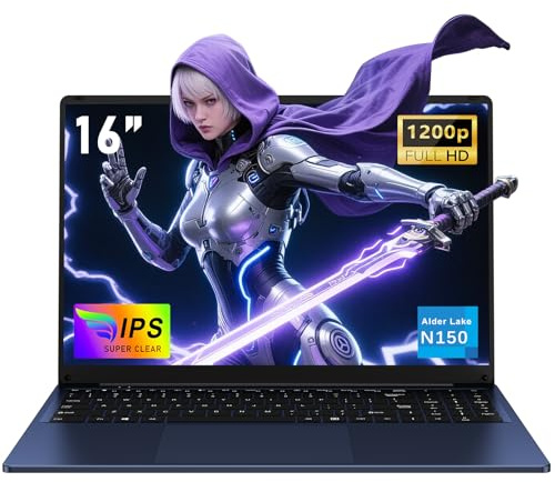 NAIKLULU 16 Pouces PC Portable RAM 16 Go SSD 1 to, Processor N150 (1,2 à 3,6 GHz) Laptop 2025, Ordinateur Portable Computer 6000MAh/Clavier Complet Rétroéclairé/1920X1200P/Webcam