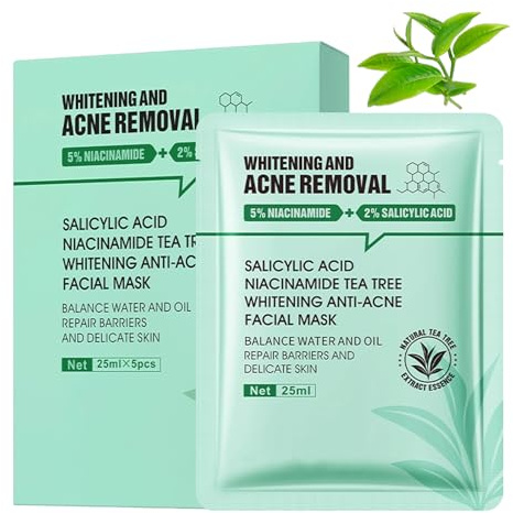 Salicylic Acid Face Mask Set(5pcs) - Facial Skin Care Masks with Niacinamide Tea Tree - Balance Water and Oil, Acne Removal, Moisturizing & Brightening Sheet Masks for Skincare