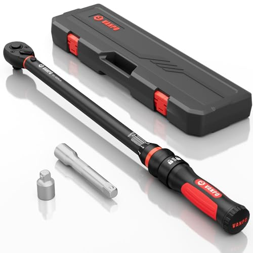 VANPO Momentnyckel 1/2 tum, 60–400 Nm för lastbilar, SUV & bil, ±3% noggrannhet, 55,6 cm kraftarm, ergonomisk handtag, exakt klick, 72 tänder inklusive 1/2 tum till 3/8 tum adapter, 125 mm