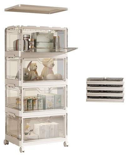 NETEL Storage Boxes With Lids, Stackable Storage Boxes 23L*4 Tier&2 Lid, Transparent Plastic Storage Boxes with Wheels, Plastic Storage Drawers with Doors, For Bedroom Living Room Bathroom