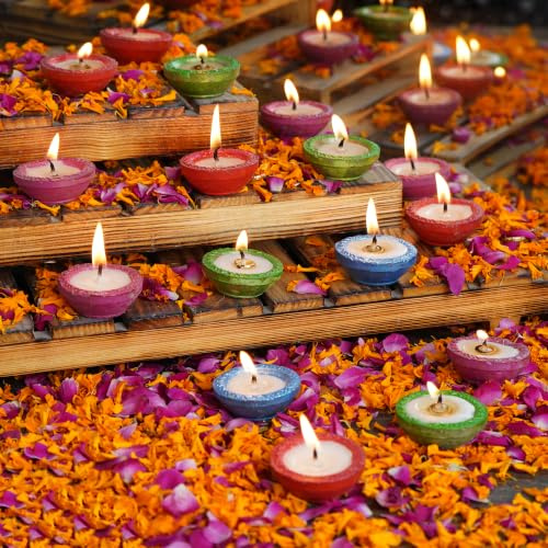 4OUR FAITH Traditionelle kleine Größe mit Wachs gefüllte Diya | Diwali Puja Pooja Handmade Dia | Terrakotta EARTHEN Diya handbemalt | Natürliche Mitti Diya - 4 Farben * 5 DIYAS - 20 Stück