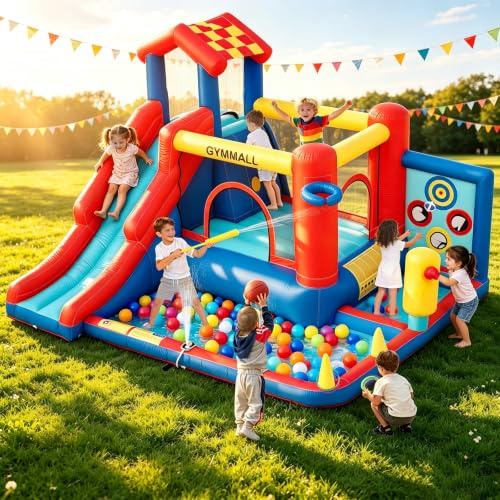 GYMMALL Inflatable Bounce Castle for Kids, 8-in-1 Multifunctional Play Equipment with Slide, Climbing Wall, Trampoline and 370W Blower, Designed for Indoor and Outdoor Use