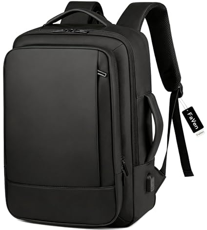 FaVen Laptop Backpack, 15.6 Inch Waterproof Laptop Rucksack with USB Charging Port, Expandable Travel Backpack with Laptop Compartment, Mens Leather Laptop Bag for Work, Business, Travel, Black
