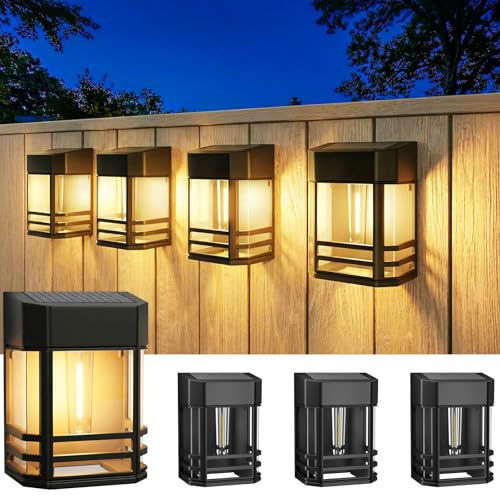 btfarm 4 Stück Solarlampen für Außen Wand, 3 Helligkeit Solar Wandleuchte | IP65 Wasserdicht LED Wandlampe Aussen, Zaunleuchten Outdoor Kabellose für Garten Hauswand Terrasse Zaun Balkon, Warmweiß