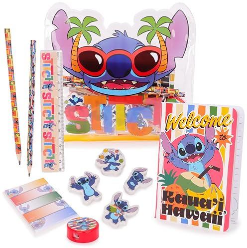 Toyland® Disney Stitch Federmäppchen – Inhalt: Notizbuch, 2 Bleistifte, 4 Radiergummis mit Motiven, 1 Anspitzer, 1 Lineal & 125 Haftnotizen – Schul-Schreibset – Mal und Bastelbedarf für Unterwegs
