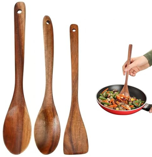 3 PCS Wooden Spatula for Cooking,Non-Stick Wooden Spoons for Cooking | Heat Resistant Wooden Cooking Utensils for Nonstick Pans & Cookware, Long Handle Mixing Spoon for Serving, Cooking