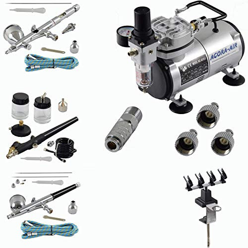 Agora-Tec® Airbrush Komplett-Set EXPERT III.13, inkl. Kompressor mit 4 bar und 20l/min + 3 Airbrushpistolen mit 0,2 & 0,3 & 0,5 & 0,8mm Nadeln/Düsen + 3 Schnellkupplungen + 4-fach-Halter + 2 Schläuche + Adapter