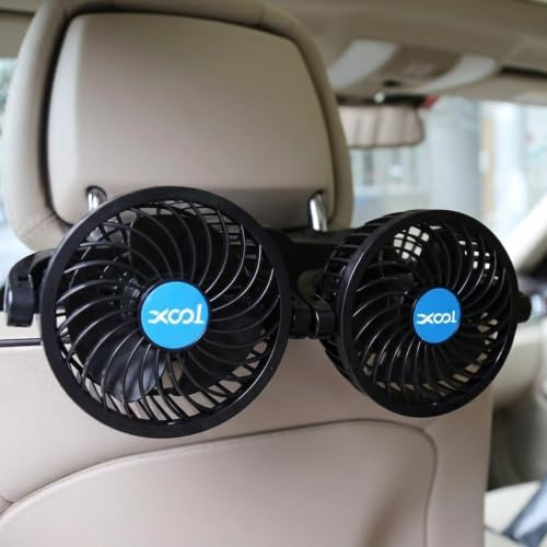 XOOL elektrischer Autolüfter für Rücksitz, tragbarer Kopfstützen-Lüfter, 360° drehbar, 12V Kühlventilator mit stufenloser Regelung für Autos, SUVs und Wohnmobile