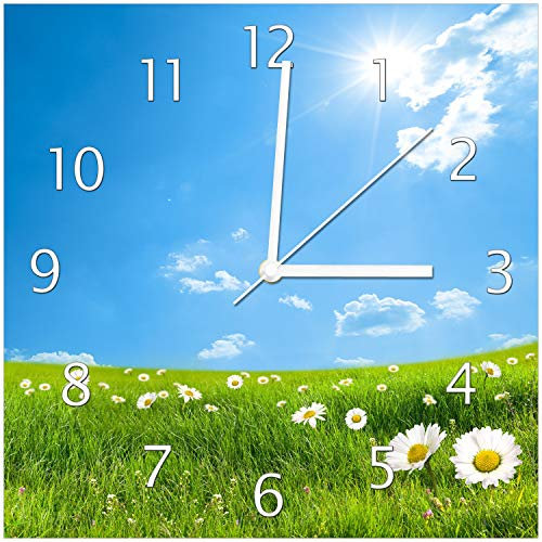 Wallario Design-Wanduhr Sommerwiese - Weiße Gänseblümchen vor blauem Himmel aus Glas, Motiv-Uhr Größe 30 x 30 cm, weiße Zeiger