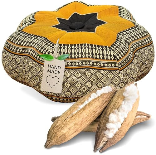 livasia Meditationskissen Stern - Ø 30x15cm - Yogakissen mit Kapok, Pouf, Bodenkissen sternförmig Yoga Zen Meditation, Zafukissen für Garten und Balkon, Sitzkissen handgefertigt (Schwarz/Orange)