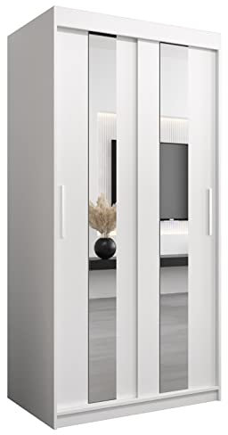 MEBLE KRYSPOL Pole 100 Schlafzimmerschrank mit Zwei Schiebetüren, Spiegel, Kleiderstange und Regalen – 100x200x62cm - Mattweiß