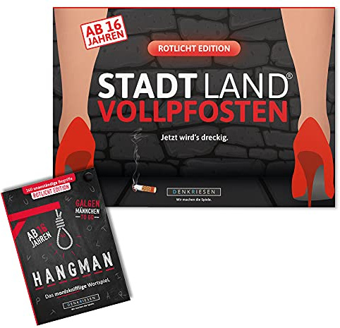 DENKRIESEN Rotlicht Duo 2 | VOLLPFOSTEN & Hangman ab 16 Jahren | Zwei freche Wortspiele und Rätselspiele für Erwachsenenpartys, Reisen und Spieleabende.