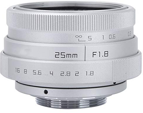 Yunir Fotocamera 25mm F1.8 Obiettivo grandangolare, Lega 25mm Lunghezza focale, f/1.8 Aperture CCTV C Mount Obiettivi grandangolari per DSLR(Argento)