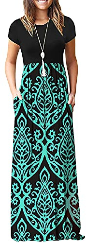 AUSELILY Mujer Verano Vestido Señorita Maxi Vestido de Manga Corta Bolsillo Verde Negro M