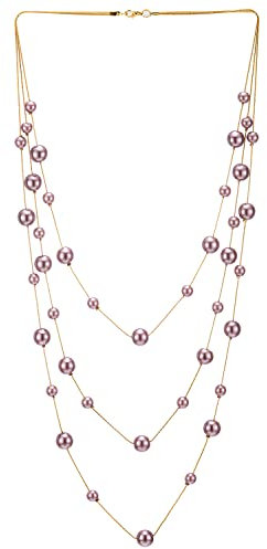 COOLSTEELANDBEYOND Gold Statement Halskette Drei Stränge Lange Kette mit Pink Lila Synthetische Perle Perlen Anhänger, Abendkleid Elegante
