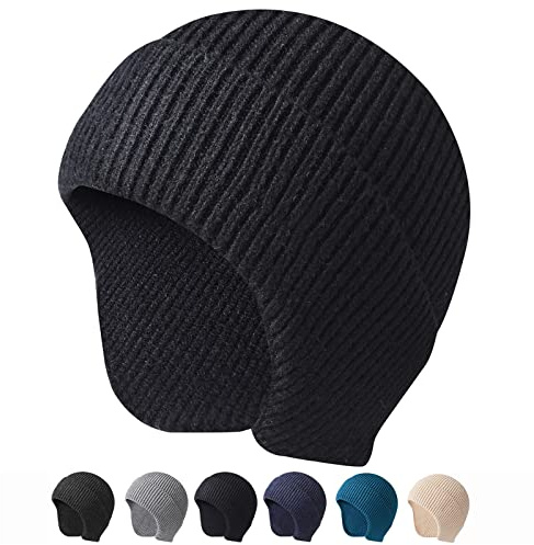 Arcweg Stickad mössa hattar vinter män kvinnor varm stickad öronlapp hatt stretchig vindtät stickad skalle keps för vinter utomhus, Svart, one size