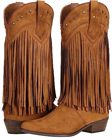 SheSole Women's Cowboy Boots Fringe Western Boots Faux Suede Brown US 8