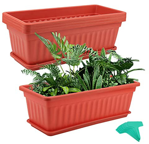 MUKCHAP 4 Stück 43 cm roter Kunststoff-Fensterkasten, Pflanzgefäß, rechteckiger Blumenkasten mit Tabletts und Pflanzenetiketten, rechteckiger Fensterbank-Pflanztopf für Gemüse