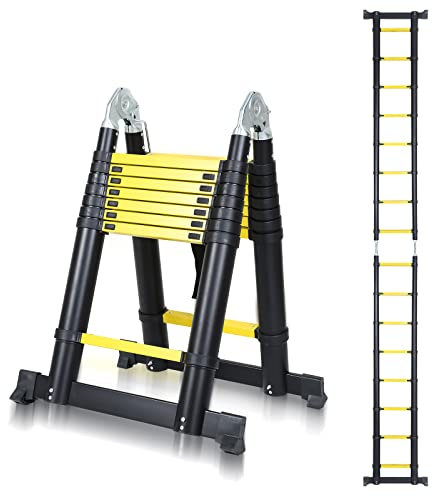 Ansobea Scala telescopica, 5 m, estensibile, in alluminio, portata massima di 150 kg, scala pieghevole, colore: giallo, YXXYSSTL13