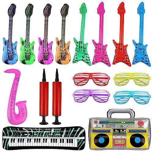 17 Pezzi Strumenti Gonfiabili Chitarra Gonfiabile Sassofono Gonfiabile Pianoforte Gonfiabile Basso Gonfiabile Radio Gonfiabili Occhiali + Pompa D'Aria per Feste Di Carnevaleq