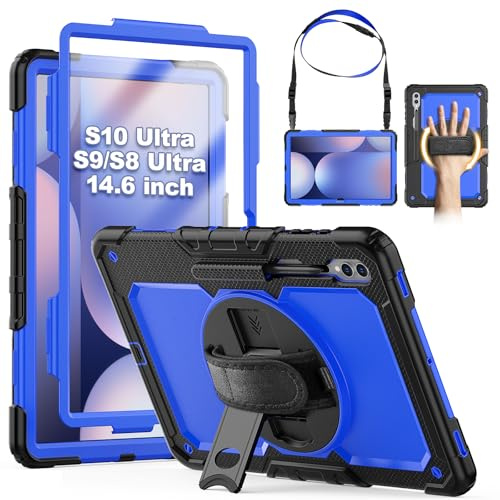 SEYMCY Custodia per Samsung Galaxy Tab S10/S9/S8 Ultra 14.6 2024/2023, antiurto a corpo intero con protezione schermo, cinturino rotante e supporto, tracolla per tablet Samsung S10/S9 Ultra, blu