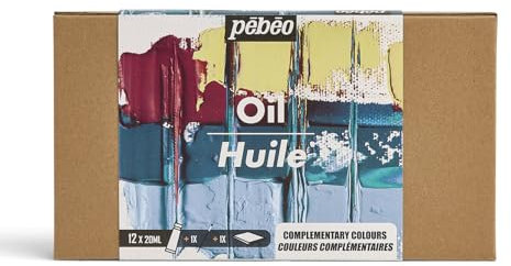PEBEO - Studio Huile XL - Set 12 Tubes 20 Ml Couleurs Complémentaires + Accessoires - Kit de Peinture à l’Huile pour Artiste et Débutant - Pinceaux + Spatule + Carton Toilé - Couleurs Intenses