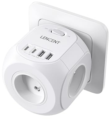 LENCENT Multiprise Murale Cube Interrupteur 4 Prises & 2 Type C & 2 USB A Prise Chargeur 8 en 1, Adaptateur Secteur 4000W, Convient pour la Maison, Bureau, Compatible avec Phone