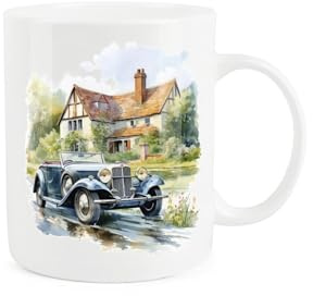 Purely Home Vintage Car Mug - Painted Watercolour Blue Classic Car Country House Gift Present - Tea Coffee White Bone China Mug