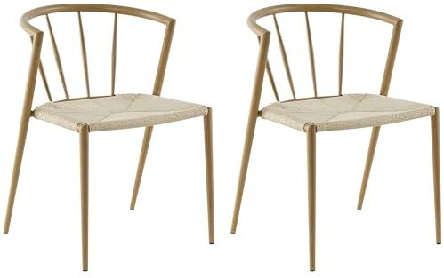 HOMCOM Pack de 2 Sillas de Comedor con Asiento de Cuerda de Papel Sillas de Cocina Apilables Estilo Moderno Carga 120 kg 51x51x71 cm Roble y Crema