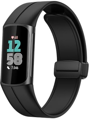 Miimall Armband Kompatibel Mit Fitbit Charge 6/5 - Silikon Ersatzband Mit Magnetverschluss - Schwarz