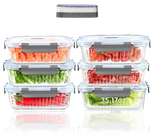 ERUIV 1040ml Frischhaltedosen Glas mit Deckel 12 Set (6 Behälter+6 Deckel)-Glasbehälter mit Deckel Mikrowelle, Spülmaschinen&Gefrierschrankfreundlich-Meal Prep Boxen Glasdose mit Deckel Lunchbox Glas