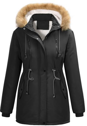 FemiChic Mujer Invierno Chaqueta Parka Abrigo Forro Polar Viento Termica Gruesa Cordón Capucha Desmontable Faux Fur Caliente Cazadora Cálido Prueba Frio Chamarra Casaco Con Bolsillos(Negro,M)
